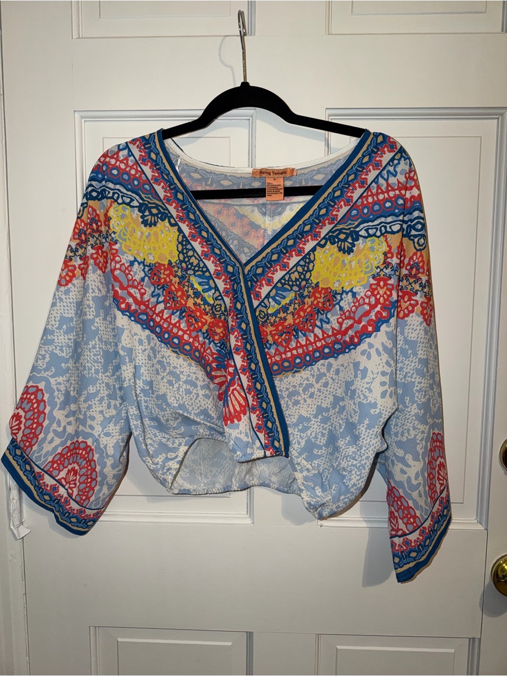 Flying Tomato Light Blue V-Neck Blouse with Multicolor Embellishment